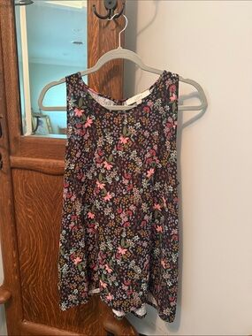 LOFT Black Sleeveless Floral Top with Pink & Green Accents